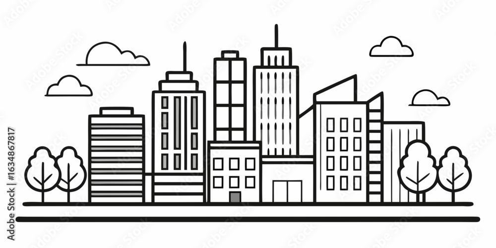 Obraz premium Line art cityscape with office buildings and trees, minimal black outline style, isolated on white background, clean vector illustration