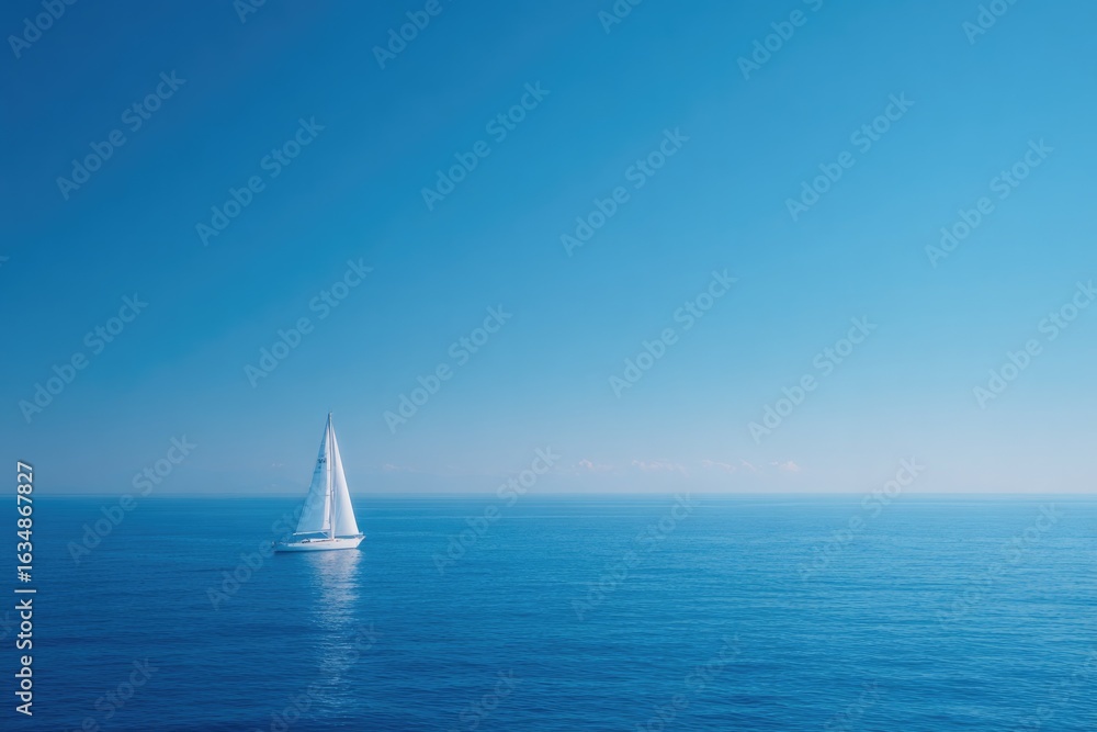 Obraz premium Sailboat gliding across calm blue ocean under clear sky, serene