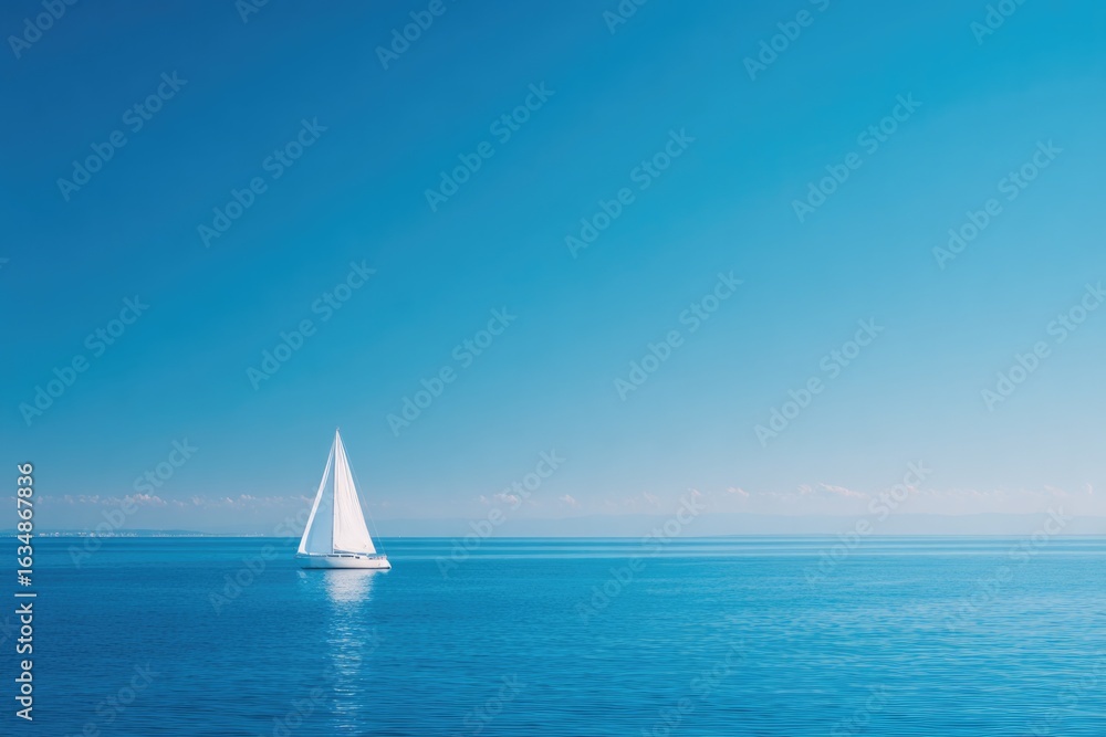 Obraz premium Sailboat glides across calm blue ocean under clear sky, embodyin