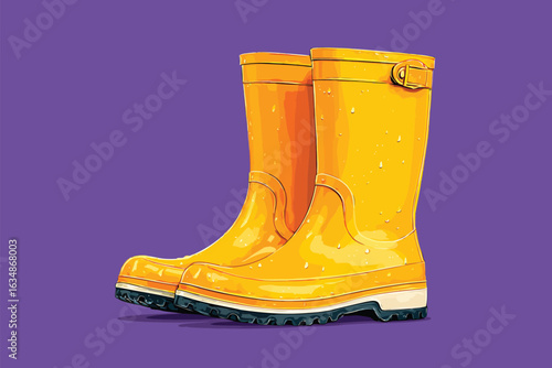 Yellow rubber boots against a purple wall isolated