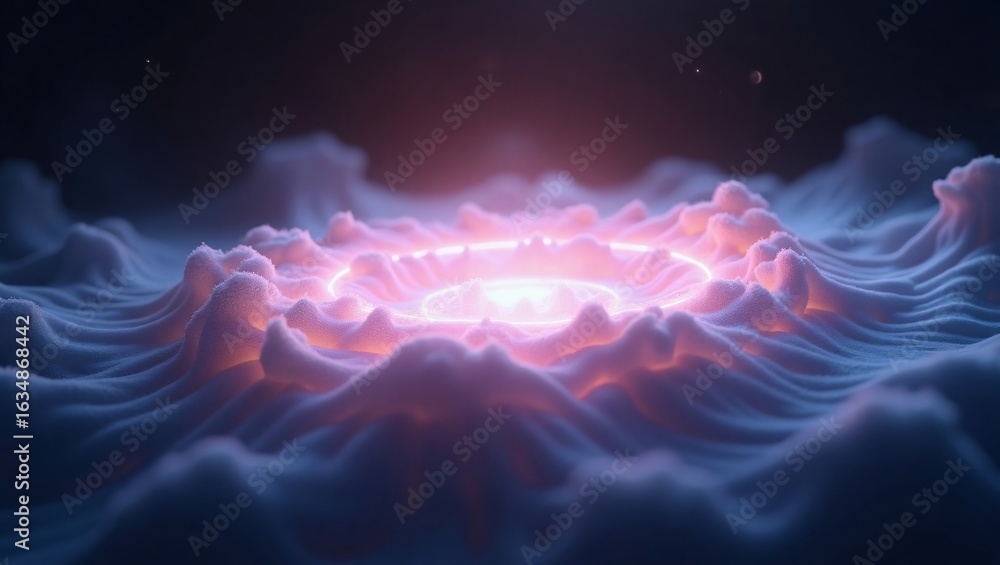 Fototapeta premium A luminous cosmic event forms a glowing crater of purple and pink clouds in the vastness of space.