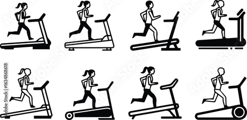 Illustration of people running on treadmills, showcasing fitness and exercise, isolated on white background
