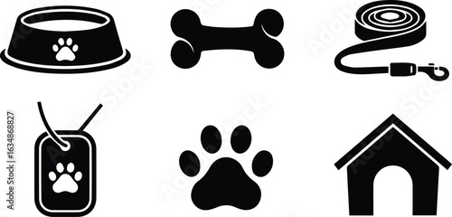  collection of pet icons isolated on white background, featuring dog bowl, bone, leash, tag, paw print, and house for pet care