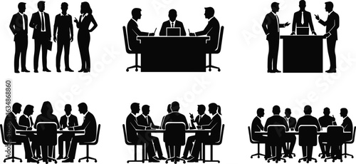 Business meeting silhouette, office team discussion, corporate people at desk, teamwork in boardroom, black vector illustration, professional communication scene