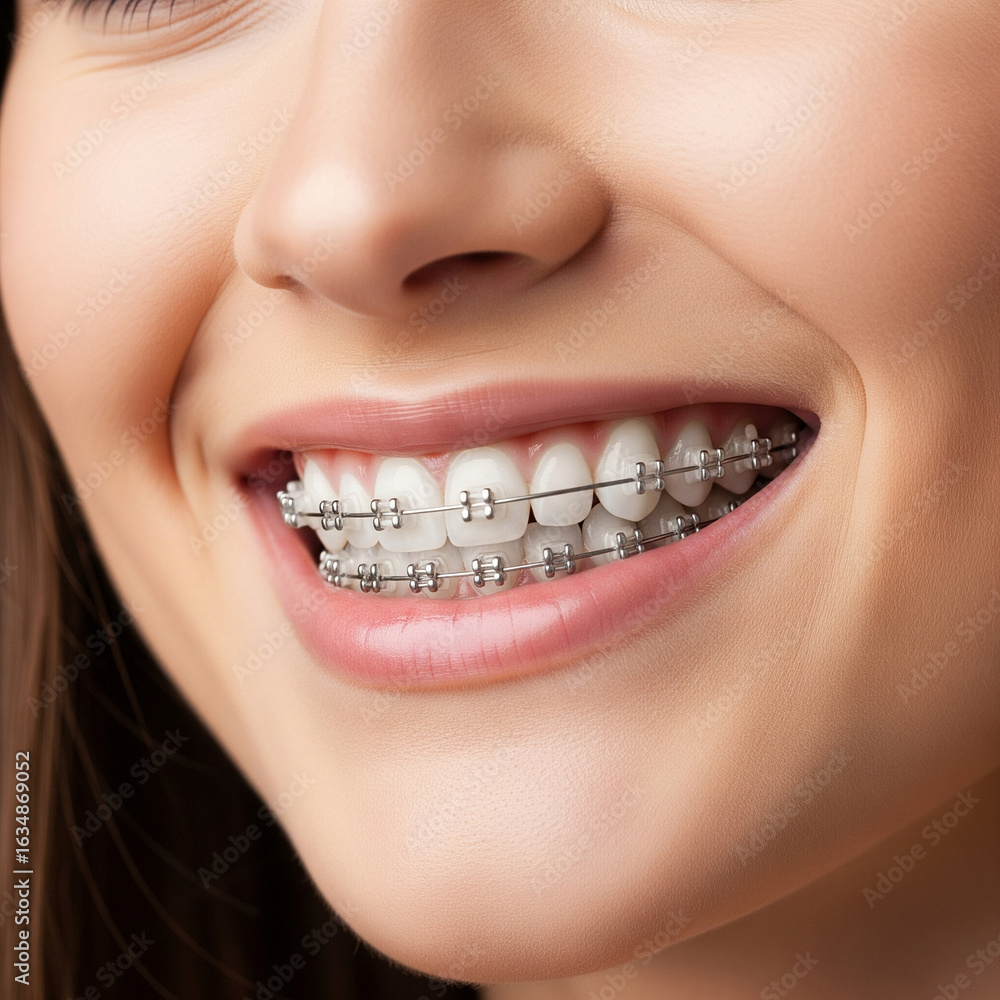 Obraz premium Close-up of a young woman with a bright snow-white smile and flawless transparent lingual braces, dentistry and orthodontics concept