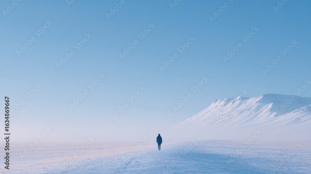 Solitary figure walks across endless snowy landscape under clear Solitary figure walks across endless snowy landscape under clear