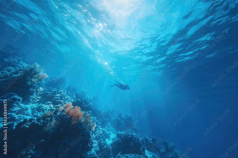 Fototapeta premium Underwater scene showcasing vibrant coral reefs illuminated by s