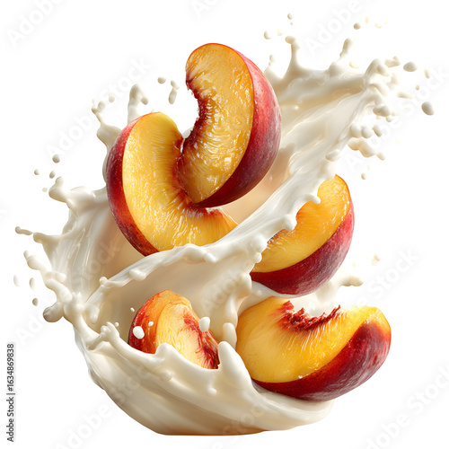 Fresh peach slices in milk splash isolated on transparent background for smoothie