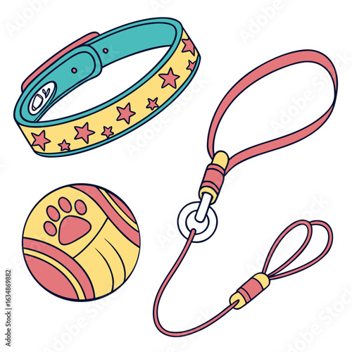 Illustration of a dog collar with stars, a leash, and a ball with a paw print on a white background