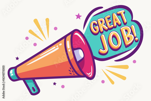 Vector illustration of a loudspeaker broadcasting great job. Ideal for recognition, celebration, or encouragement-themed visuals.