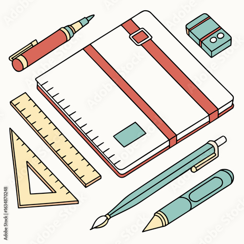 Isometric view of a closed notebook with stationery items such as pens and rulers around it