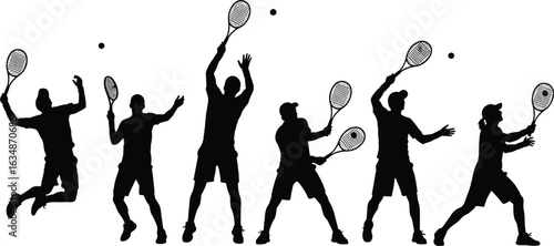Silhouette of tennis players, dynamic sports action, competitive match, athletic movement, tennis rackets, tennis balls, outdoor game, fitness, agility, teamwork, fast-paced play