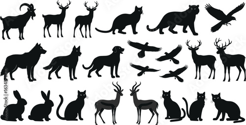 Animal silhouette vector set, wild and domestic animals clipart, black animal icons, cat dog deer bird goat rabbit design