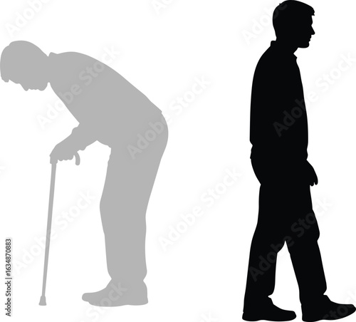 Silhouette of elderly man, young man walking, aging process, health and mobility, generational contrast, life stages, cane support, physical independence, human figures, mobility aid,