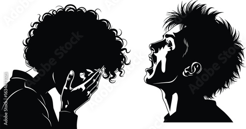 Silhouette of emotional conflict, shouting figure, person covering face, dramatic tension, black and white illustration, expressive art, emotional turmoil, interpersonal struggle, mental stress