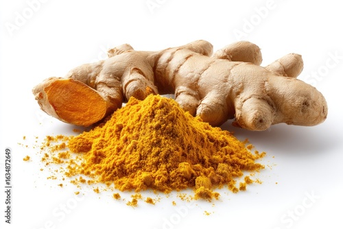 A whole ginger root and a portion, next to a pile of its bright yellow powder, on a stark white background