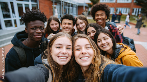 Group of high school students, multiracial, taking a selfie, schoolbuilding and some other students in background. Students with different ethnic background. Body inclusivity.