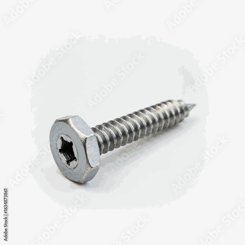 Metal hexagon flange screw on white background, industrial hardware