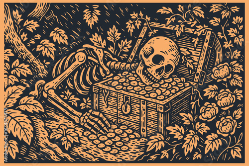 A skeleton guards its treasure chest full of gold coins, lost in a forest and overgrown by roses. Vector illustration in a vintage woodcut print style.