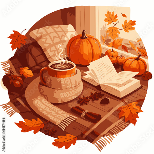 Embrace the serene beauty of autumn with a steaming cup, cozy blanket, decorative pumpkins, and scattered leaves, perfect for a relaxing fall day.