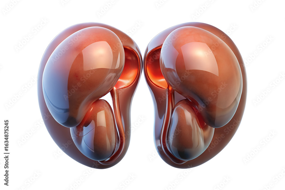 Fototapeta premium Close up of two glossy kidney models with a reddish brown color on a black background
