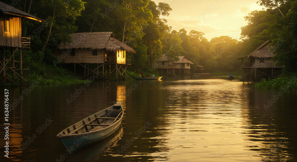 Obraz premium A cinematic landscape of the Amazon River at golden hour. Traditional stilt houses (palafitas) rise above the water with a small wooden canoe in the foreground.