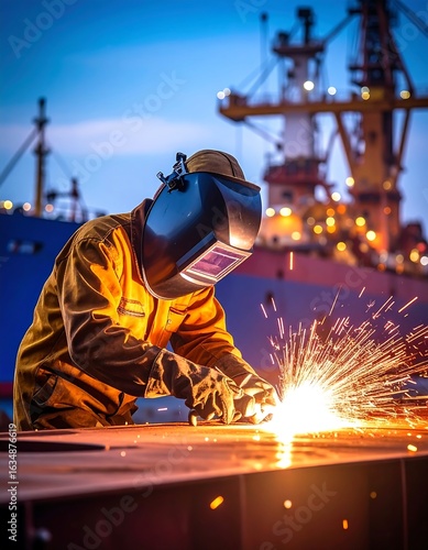 Welder at work, sparks fly, industrial setting, ship in background