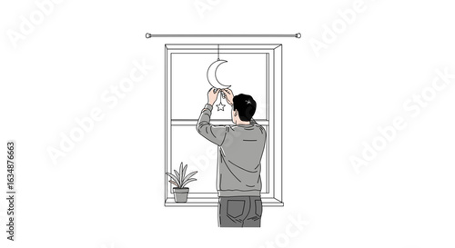 Man hanging crescent moon and stars on window in minimalist style