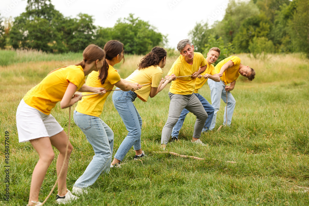 Fototapeta premium Team building. Group of happy people playing tug of war with rope outdoors