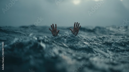 Waves enveloping swimmer signaling for help in grey-blue water during a stormy day