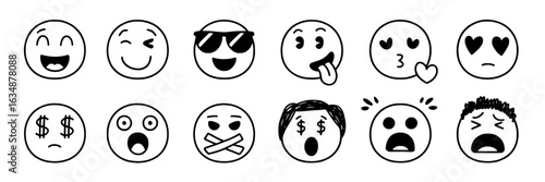 Hand-drawn emoticon/emoji collection: laughing, winking, cool, sticking out tongue, kissing, hearts, money eyes, surprised, taped mouth, shocked, and stressed. Simple, doodle-style vector illustration