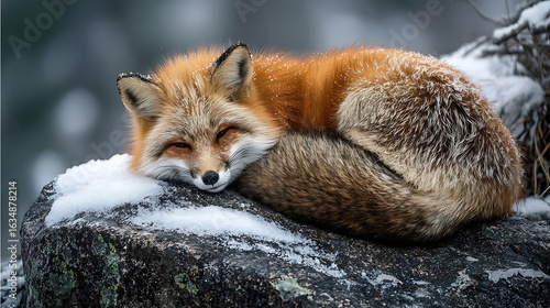 A sleeping red fox with a fluffy tail rests on a snow-covered rock resting