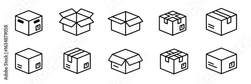 Set of simple line art vector illustrations of open and closed cardboard boxes, shipping and packaging icons, isometric view. Collection of box outlines for delivery, logistics, cargo, and moving conc