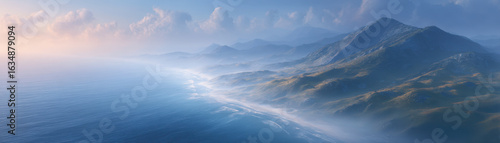 Weather radar, Coastal mountain range with misty weather and radar like waves creating serene and peaceful atmosphere at sunrise