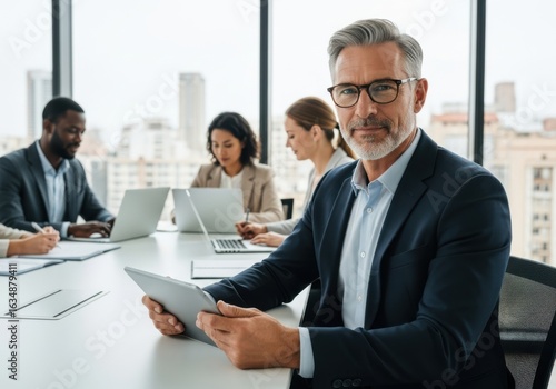Wallpaper Mural Mature Businessman Using Tablet in Modern Meeting Room with Diverse Colleagues Strategic Corporate Planning and Digital Innovation Torontodigital.ca