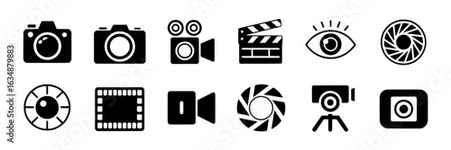 Photography and videography icon set. Vector collection of cameras, camcorders, clapperboard, aperture, lens, sensor, viewfinder. Black and white simple glyph style design elements for visual communic