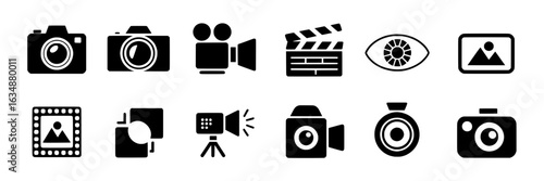 Photography and videography icon set. Vector collection of black and white camera, video camera, clapperboard, eye, photo, film strip, lens, spotlight, and digital camera symbols. Simple, minimalist d
