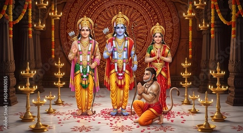 Lord rama family darshan with hanuman in temple indian god hinduism religious festival puja arti