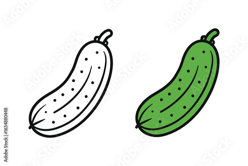 Cucumber Vegetable Icon Set – Outline and Colored Vector Illustration
