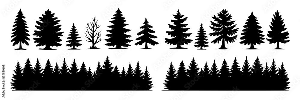 Obraz premium Black and white vector silhouette collection of pine and fir trees. Illustration set of evergreen forest, monochrome graphic elements for Christmas, winter, nature designs. Isolated tree shapes and fo