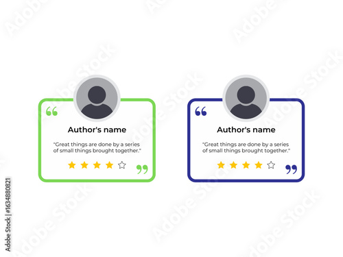 Two testimonial banner cards quote infographic social media post template designs quotes with user profile icons and star ratings for customer feedback and reviews