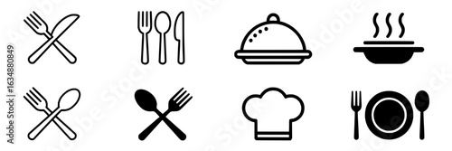 Restaurant and Food Icons: Crossed fork & knife, spoon, chef hat, serving dish, plate with cutlery, hot food. Black & white vector icon collection for menus, apps, websites, and culinary designs.