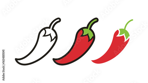 Red chili pepper icon set. Vector illustration of a hot spicy vegetable in outline, flat color, and glyph styles.