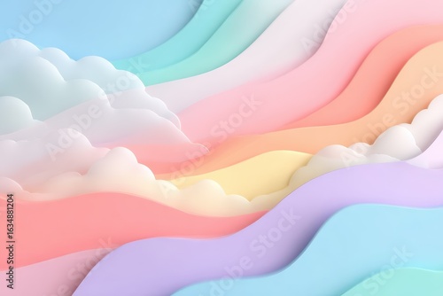 Colorful abstract kawaii sky with flowing rainbow waves and soft clouds creating a joyful and whimsical atmosphere in pastel shades