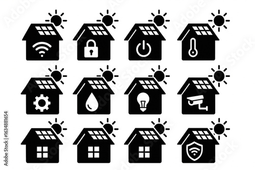 Smart Home Solar Panel Silhouettes Vector Icons Set on White Background