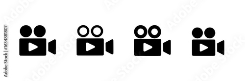 Video camera icon set. Black and white vector illustration collection of simple movie camera symbols with play button. Minimalist design elements for multimedia, film, and video content.