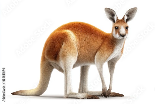 Red kangaroo standing on a white background, showcasing its distinctive colors and features, typically found in Australias diverse habitats during daylight hours