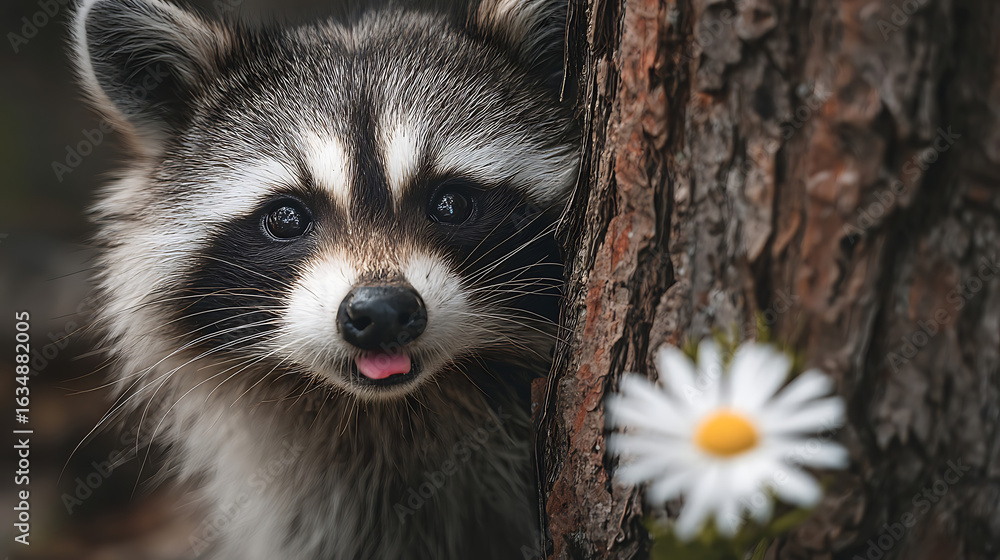 Obraz premium Adorable raccoon peeking from behind a tree trunk with a flower animal wildlife