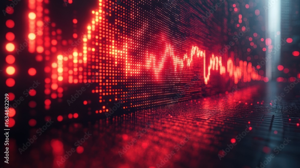 Naklejka premium Red chart graphic display, dark room, financial data, business background, possible use for stock market presentation