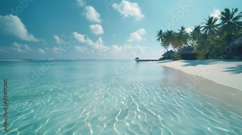 a tropical island with crystal clear water and a luxury resort in the background, palm trees waving in the breeze, empty beach foreground for text placement, cinematic travel ad, 16:9